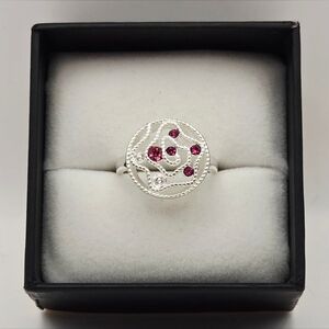 Sterling Silver 925 Filigree Circle Ring with Red Stones